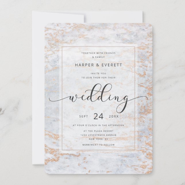 Modern Marbles in Dusty Blue with Copper Wedding Invitation (Front)