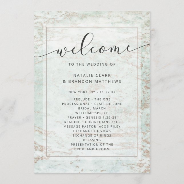 Modern Marbles in Mint Rose Gold Wedding Ceremony Program (Front)