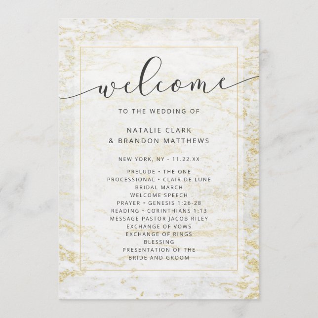 Modern Marbles in White with Gold Wedding Ceremony Program (Front)
