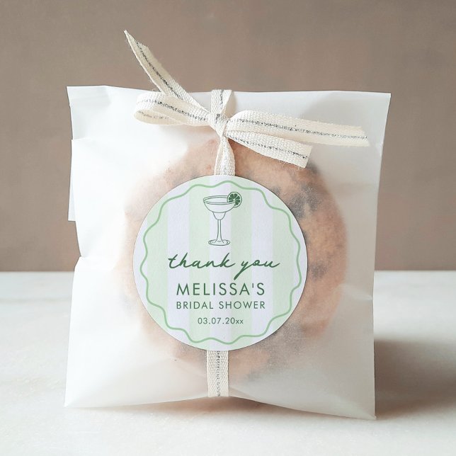 Modern Margaritas Matrimony Bridal Shower Favor Classic Round Sticker (Modern green and white stripe hand-drawn margaritas and matrimony theme bridal shower favor stickers)