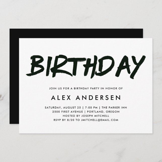 Modern Marker | Black and White Birthday Party Invitation (Front/Back)