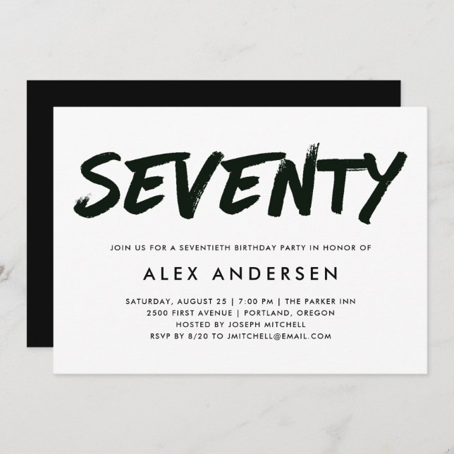 Modern Marker Black and White Seventieth Birthday Invitation (Front/Back)
