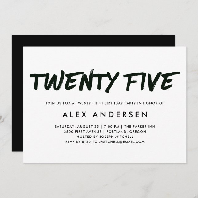Modern Marker | Black Twenty Fifth Birthday Invitation (Front/Back)