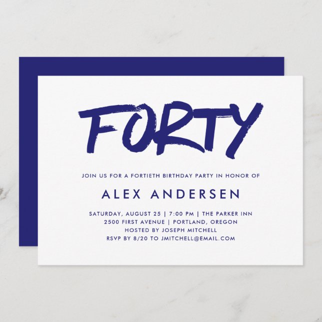 Modern Marker | Navy Blue Fortieth Birthday Invitation (Front/Back)