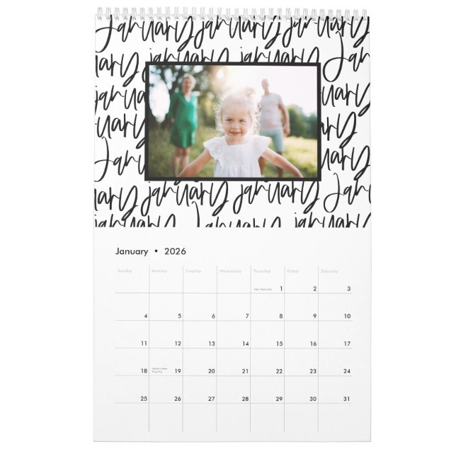 Modern marker pen photo script calendar (Jan 2026)