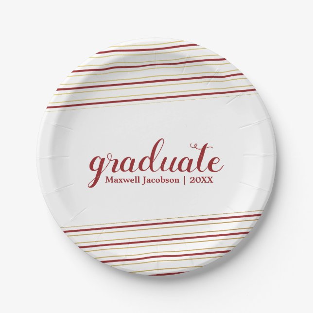 Modern Maroo & Gold Stripe Graduation Party Plates (Front)