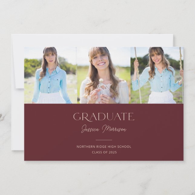 Modern Maroon 3-Photo Graduation Party Invitation (Front)