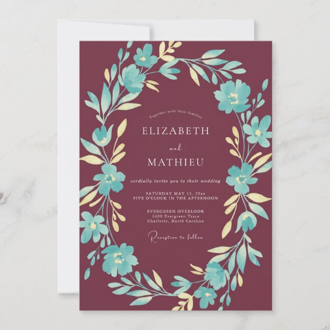 Modern Maroon Aqua Painted Wedding Invitation (Front)
