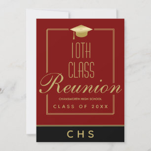 Modern Maroon Black Gold Script 10th Class Reunion Invitation
