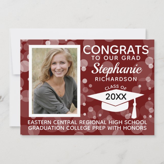 Modern Maroon Bokeh Bubbles Photo Graduation Invitation (Front)