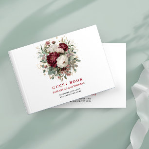 Modern Maroon Flowers Eucalyptus Gold Guest Book