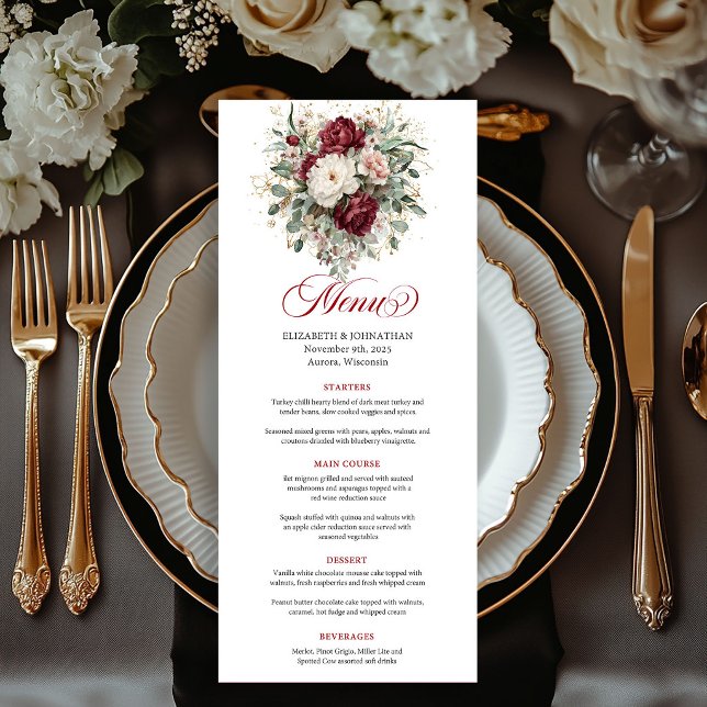 Modern Maroon Flowers Eucalyptus Gold Menu Card (Modern Maroon Flowers Eucalyptus Gold Menu Card)