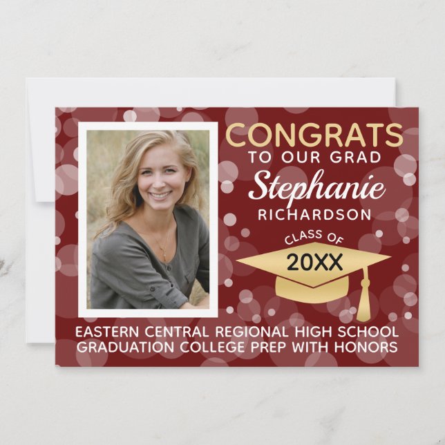 Modern Maroon Gold Bokeh Bubbles Photo Graduation Invitation (Front)