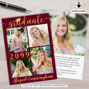 Modern Maroon Gold Script 5 Photo Graduate Announcement