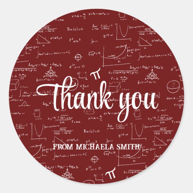 Modern Maroon Math Graduation Thank You Classic Round Sticker (Front)