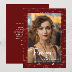 Modern Maroon Math Script Photo Graduation Thank You Card