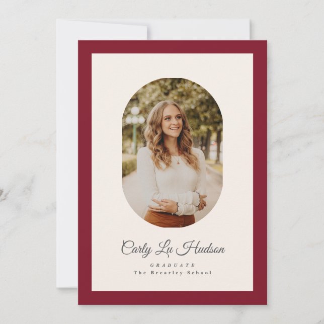 Modern Maroon Oval High School Photo Graduate Announcement (Front)