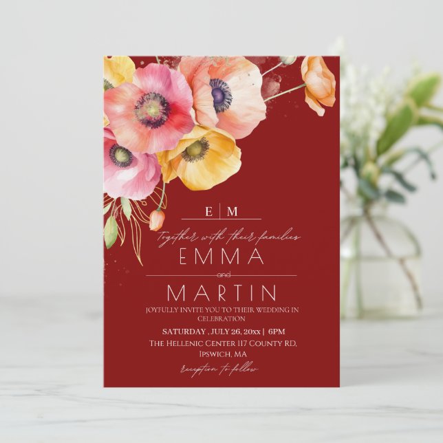 Modern Maroon Red Poppies Floral  Wedding Invitation (Standing Front)