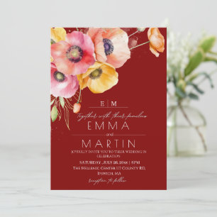 Modern Maroon Red Poppies Floral  Wedding Invitation