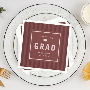 Modern Maroon Red Sporty Stripes Graduation Party Napkin