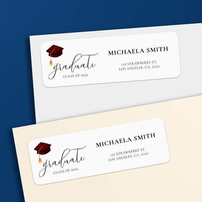 Modern Maroon Script Graduation Return Address Label (Creator Uploaded)