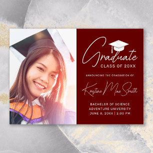 Modern Maroon White Script Photo Graduation Announcement