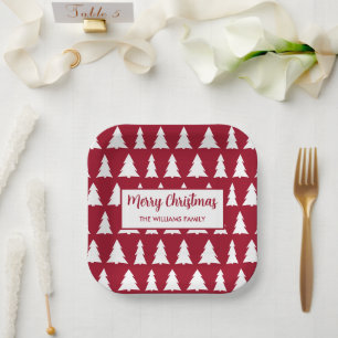 Modern Maroon White Tree Pattern Christmas Party Paper Plate