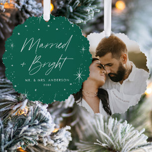 Modern Married and Bright Green Holiday Photo Tree Decoration Card
