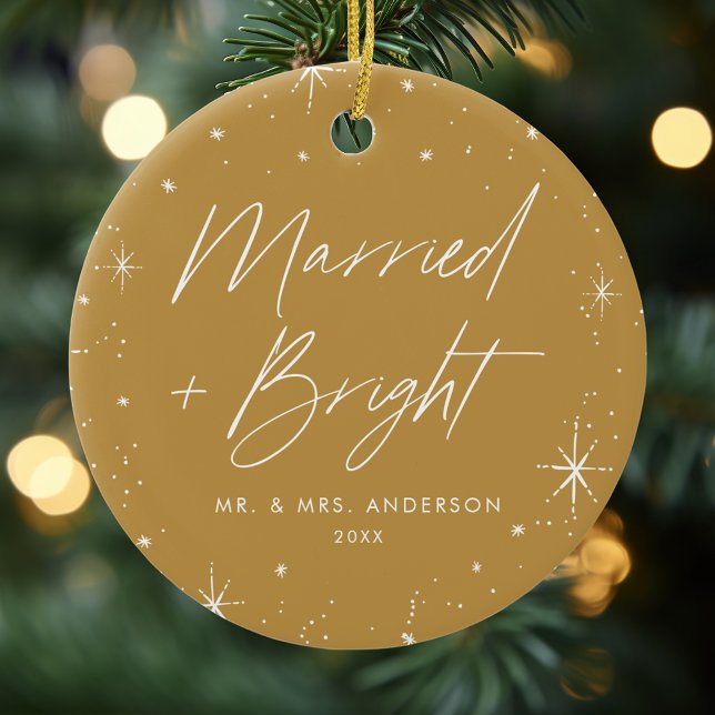 Modern Married and Bright Script Gold Photo Ceramic Ornament (Creator Uploaded)