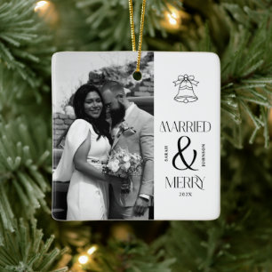 Modern Married and Merry Newlywed Bow Christmas Ceramic Ornament