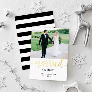 Modern Married and Merry Wedding Photo Gold Foil Holiday Card