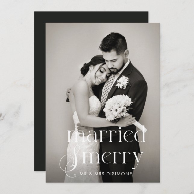 Modern Married and Merry Wedding Photo Holiday Card (Front/Back)