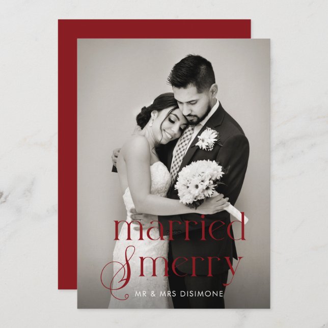 Modern Married and Merry Wedding Photo  Holiday Card (Front/Back)