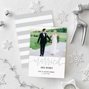 Modern Married and Merry Wedding Photo Silver Foil Holiday Card