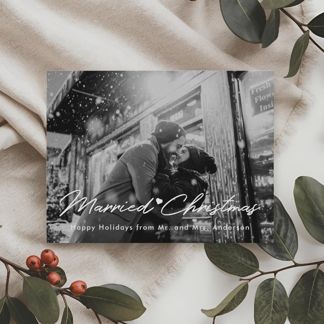 Modern Married Christmas Newlywed Photo Overlay Postcard (Creator Uploaded)