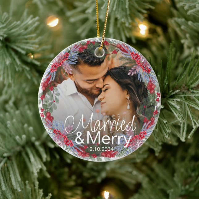 Modern Married & Merry Christmas Ceramic Ornament (Tree)