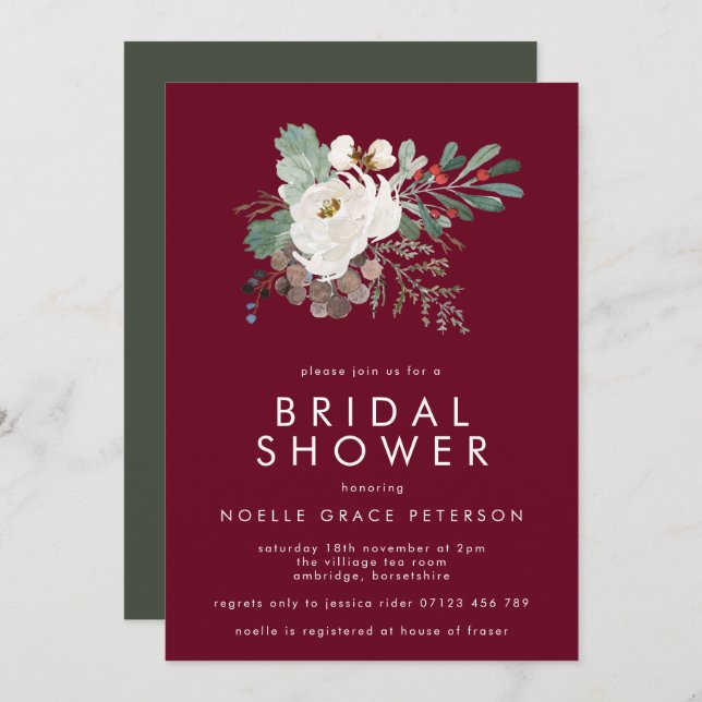 Modern Marsala Winter Floral Bouquet Bridal Shower Invitation (Front/Back)
