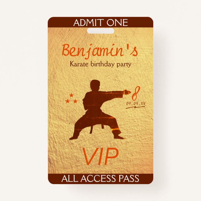 Modern Martial Arts Karate Birthday Party VIP Pass ID Badge (Front)