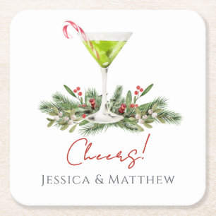 Modern Martini and Mistletoe Candy Cane Cocktail Square Paper Coaster