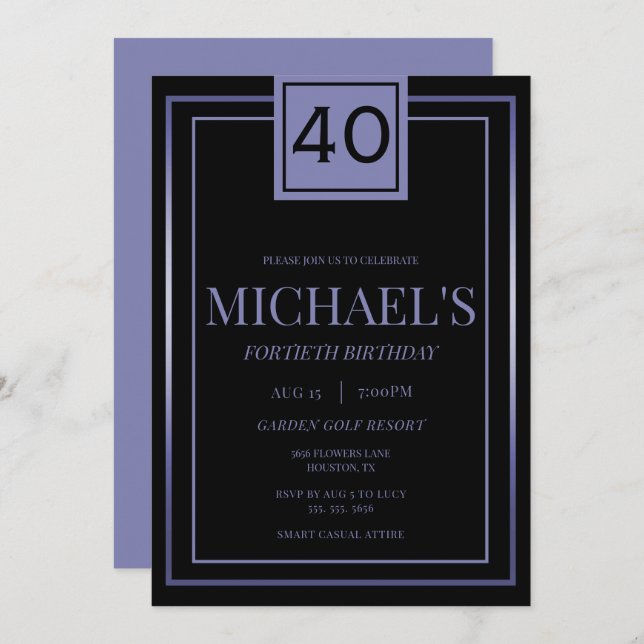 Modern Masculine Blue & Black 40th Birthday Invitation (Front/Back)