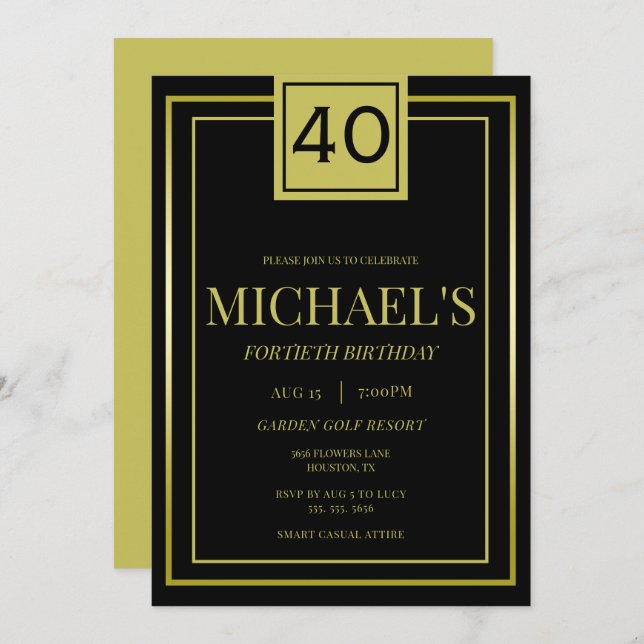 Modern Masculine Gold & Black 40th Birthday Invitation (Front/Back)