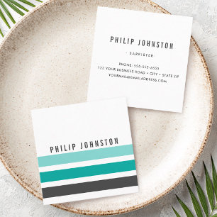 Modern masculine grey teal aqua blue stripes white square business card