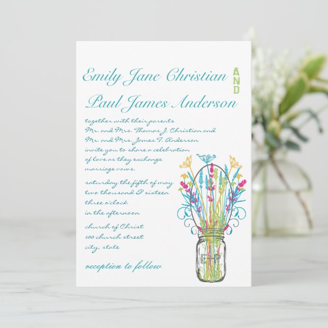 Modern Mason Jar Aqua Pink Yellow Lime Wedding Invitation (Standing Front)