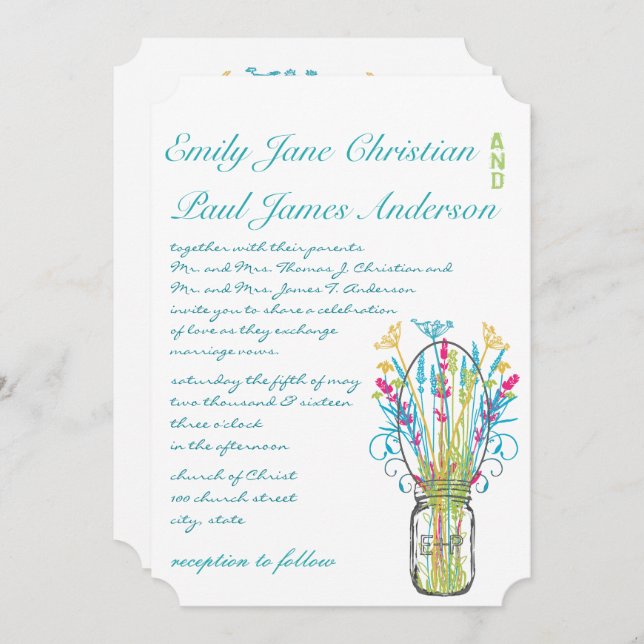 Modern Mason Jar Aqua Pink Yellow Lime Wedding Invitation (Front/Back)