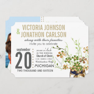 Modern Mason Jar Bronze and Green Floral Wedding Invitation