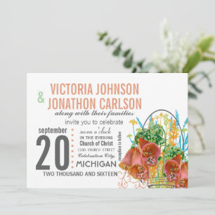 Modern Mason Jar Coral and Mint Floral Wedding Invitation