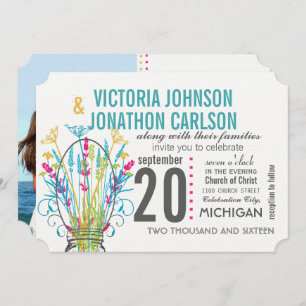 Modern Mason Jar Coral Yellow Lime Floral Wedding Invitation