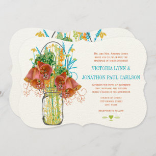 Modern Mason Jar Coral Yellow Lime Floral Wedding Invitation