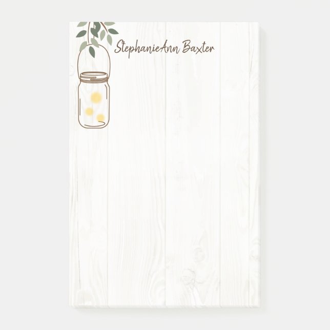 Modern Mason Jar & Fireflies Rustic Notes (Front)