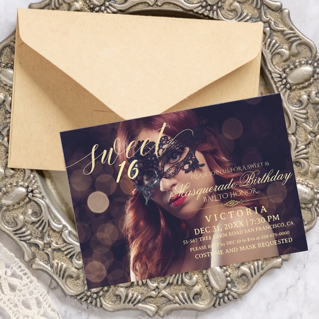Modern Masquerade Sweet 16 Birthday Photo Invitation (Creator Uploaded)